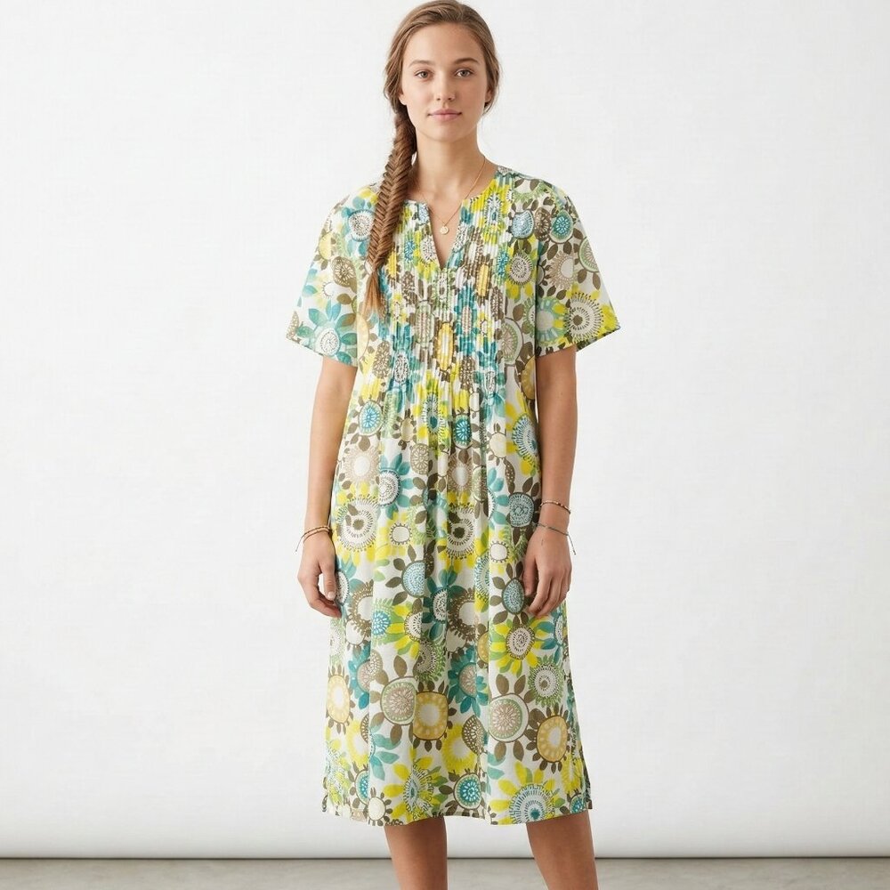 Floral Pintuck Midi Dress in Yellow & Teal